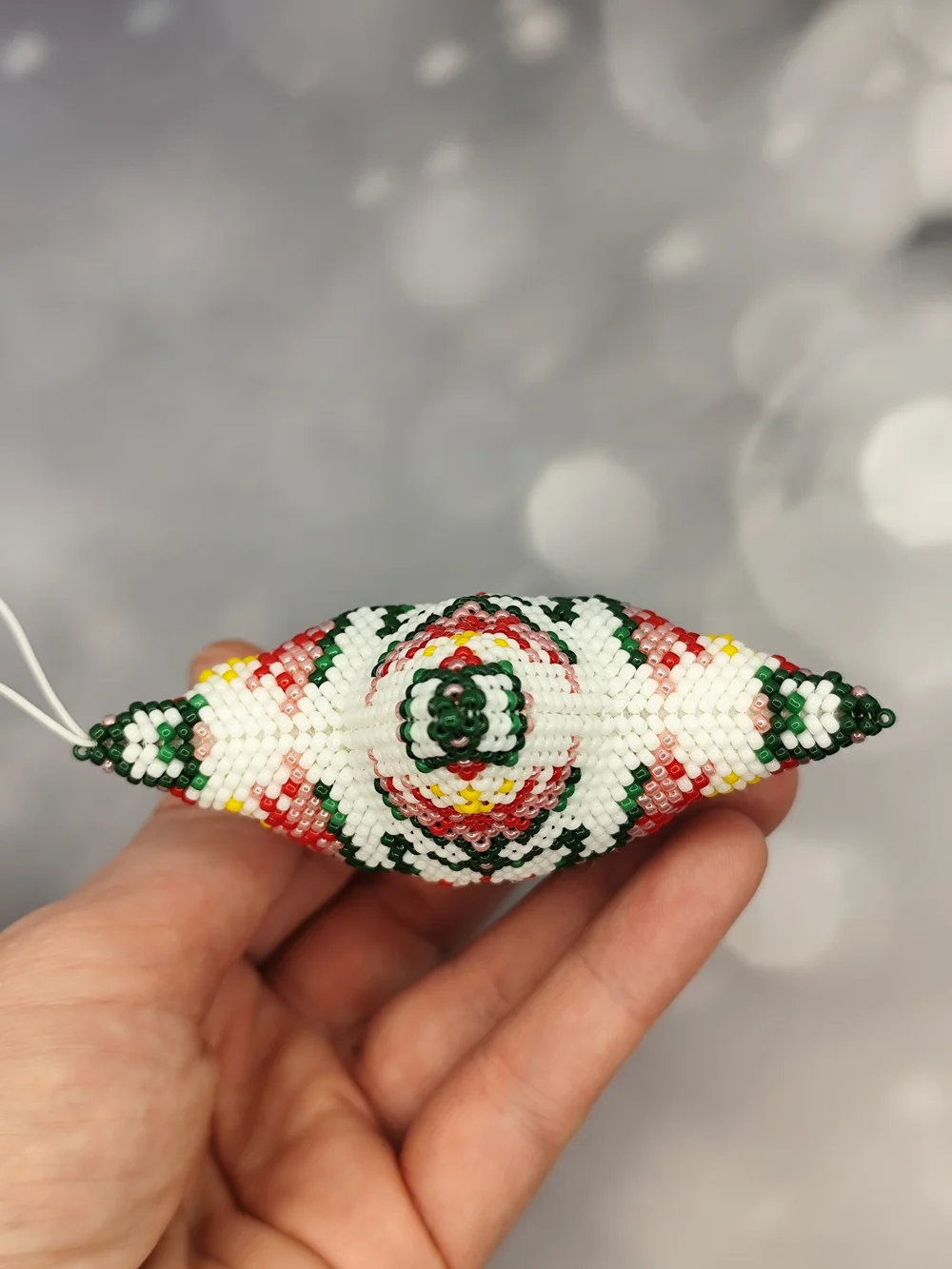 Handmade White Beaded Star Holiday Ornament with Red, Green & Yellow Accents